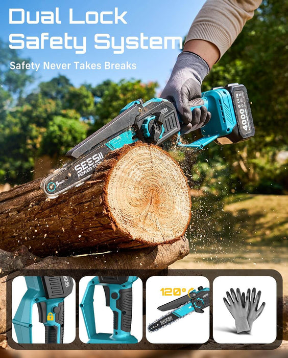 Seesii blue cordless mini chainsaw with dual lock safety system, 120° adjustable cutting head, protective gloves for safe tree cutting work