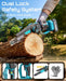 Seesii blue cordless mini chainsaw with dual lock safety system, 120° adjustable cutting head, protective gloves for safe tree cutting work