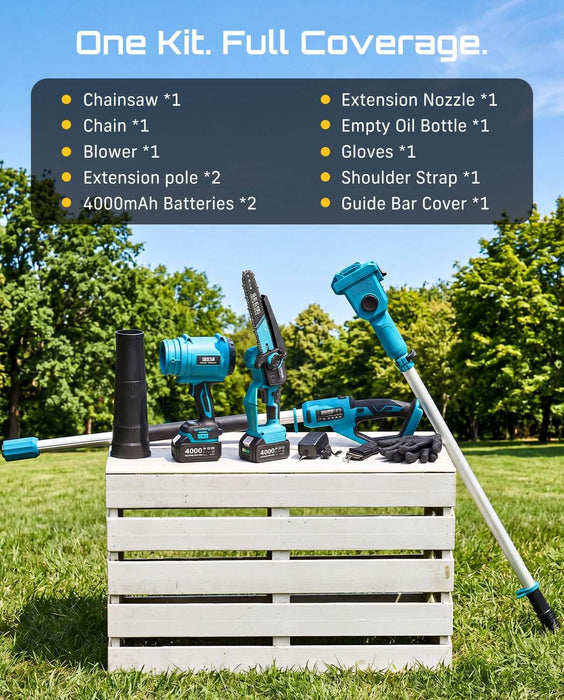 Seesii blue 4-in-1 cordless garden tool complete accessory set display, includes chainsaw, blower, 2 poles, dual 4000mAh batteries & all spare parts