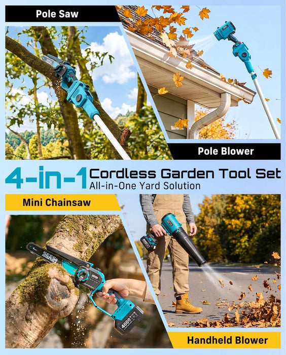 Seesii 4-in-1 blue cordless garden tool set collage showing pole saw, pole blower, mini chainsaw & handheld blower for yard trimming and leaf cleaning