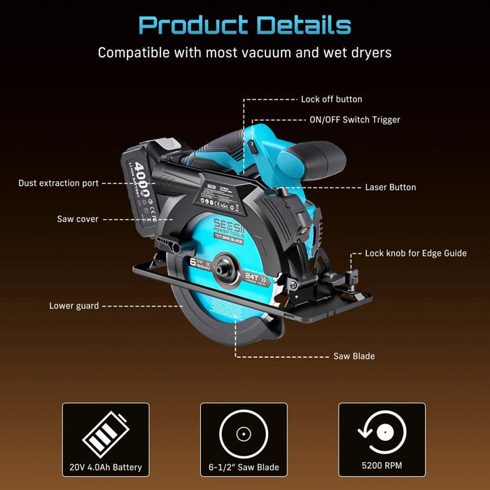 Seesii 6 - 1/2" Cordless Circular Saw with 2x 4.0Ah Batteries and Charger - circular saw - SeeSii