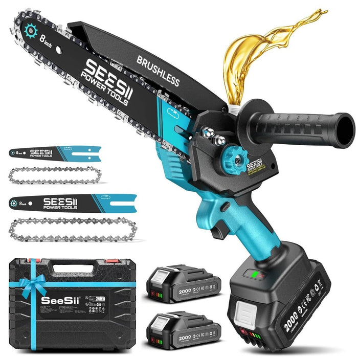 SEESII 6 & 8 Inch Brushless Mini Cordless Chainsaw | 1000W Handheld Electric Chain Saw with Auto Oiler, 2 Batteries for Tree Branch Pruning & Wood Cutting, Premium Garden Gift for Men, Dad & Husband - SeeSii