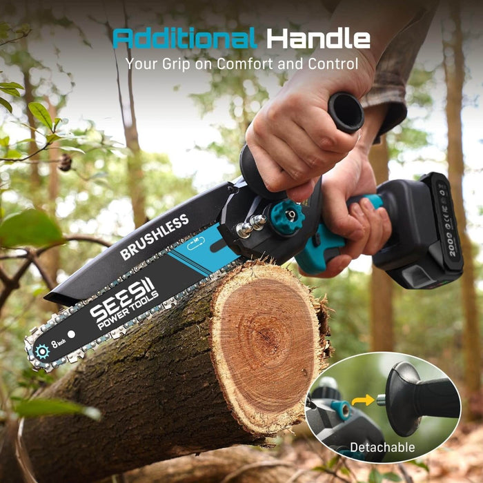 SEESII 6 & 8 Inch Brushless Mini Cordless Chainsaw | 1000W Handheld Electric Chain Saw with Auto Oiler, 2 Batteries for Tree Branch Pruning & Wood Cutting, Premium Garden Gift for Men, Dad & Husband - SeeSii