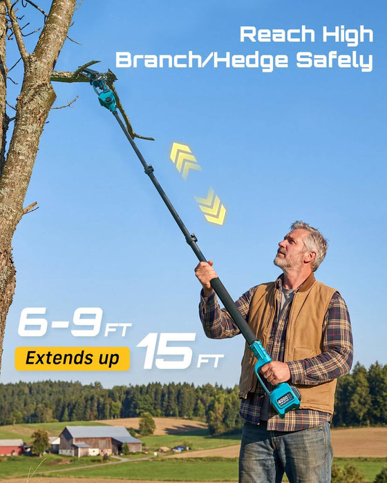 SEESII 15Ft Extendable Cordless Pole Saw Outdoor Lifestyle Shot, Man Cutting Tall Tree Branches Safely With Long Reach Garden Pruner