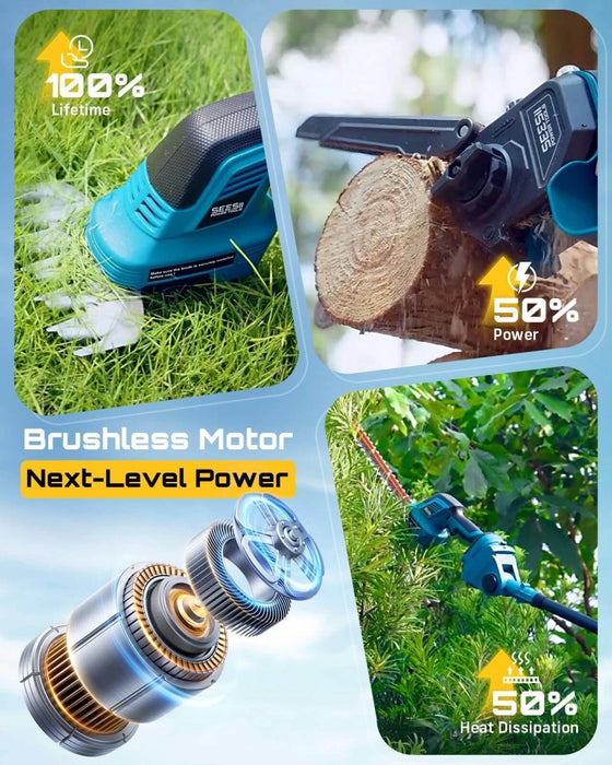 SEESII 6-in-1 Cordless Pole Saw & Hedge Trimmer Combo, Electric Mini Chainsaw with 2×4.0 Ah Batteries - SeeSii