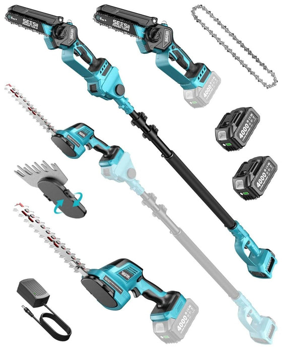 SEESII 6-in-1 Cordless Pole Saw & Hedge Trimmer Combo, Electric Mini Chainsaw with 2×4.0 Ah Batteries - SeeSii