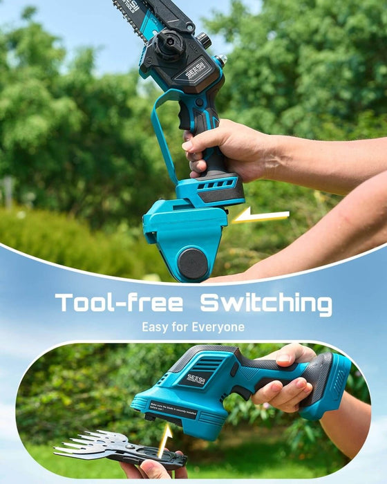 SEESII 6-in-1 Cordless Pole Saw & Hedge Trimmer Combo, Electric Mini Chainsaw with 2×4.0 Ah Batteries - SeeSii