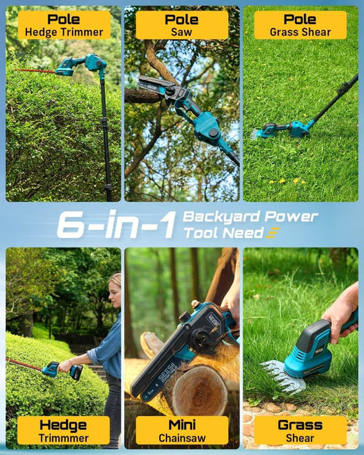 SEESII 6-in-1 Cordless Pole Saw & Hedge Trimmer Combo, Electric Mini Chainsaw with 2×4.0 Ah Batteries - SeeSii