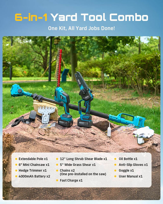 SEESII 6-in-1 Yard Garden Tool Combo Full Kit Display, Complete Accessories Including Pole, Blades, 2×4000mAh Batteries & Safety Gear Outdoor Shot
