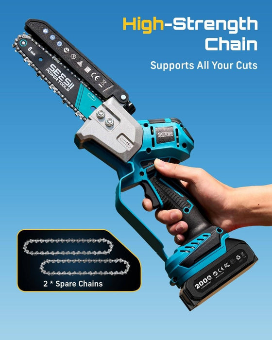 Seesii 6 Inch Brushless Mini Cordless Chainsaw, 2×2000mAh Batteries Auto Oiler Handheld Tree Branch Cutter（M6 Titan） - chainsaw-SeeSii