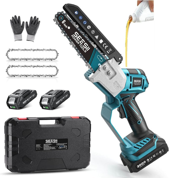 Seesii 6 Inch Brushless Mini Cordless Chainsaw with 2×2000mAh