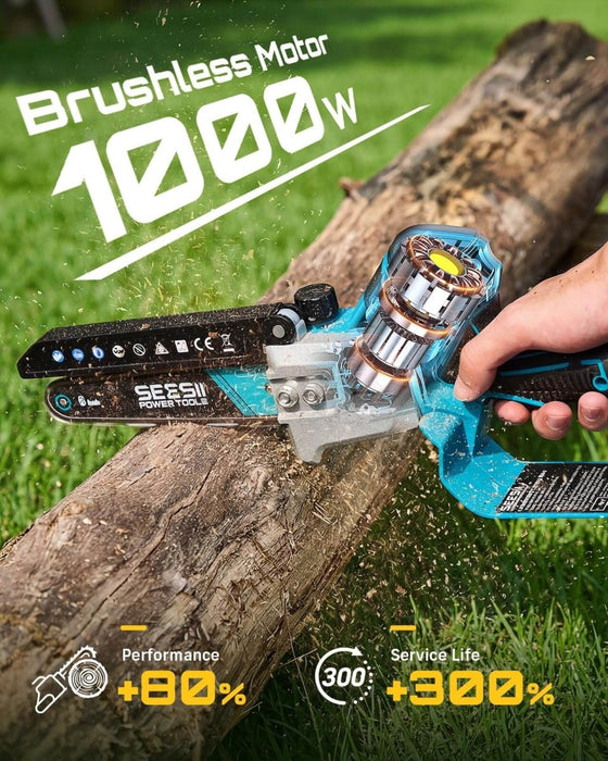 Seesii 6 Inch Brushless Mini Cordless Chainsaw, 2×2000mAh Batteries Auto Oiler Handheld Tree Branch Cutter（M6 Titan） - chainsaw-SeeSii