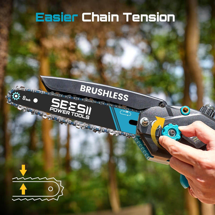 SEESII 6&8 Inch Dual Size Brushless Mini Cordless Chainsaw with Easy Manual Chain Tension Adjustment, Quick Chain Tightening Handheld Electric Saw
