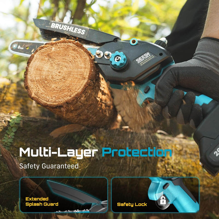 SEESII 6&8 Inch Dual Size Brushless Mini Cordless Chainsaw with Multi-Layer Safety Protection, Extended Splash Guard & Trigger Safety Lock for Safe Wood Cutting