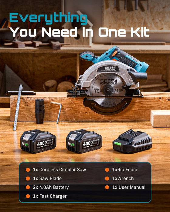 SEESII 7-1/4" Cordless Circular Saw with Total 8000mAh Battery & Charger - SEESII