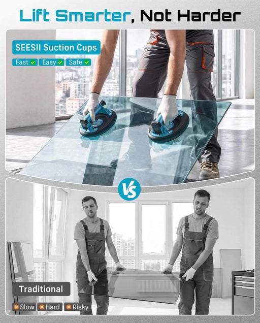 SEESII 8" Heavy - Duty Vacuum Suction Cup Lifter, 440 lbs (200 kg) Capacity, Glass, Tile, Granite & Metal Lifting Tool with Pump Handle, 2 - Pack - Material Lifts - SeeSii