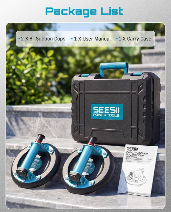 SEESII 8" Heavy - Duty Vacuum Suction Cup Lifter, 440 lbs (200 kg) Capacity, Glass, Tile, Granite & Metal Lifting Tool with Pump Handle, 2 - Pack - Material Lifts - SeeSii