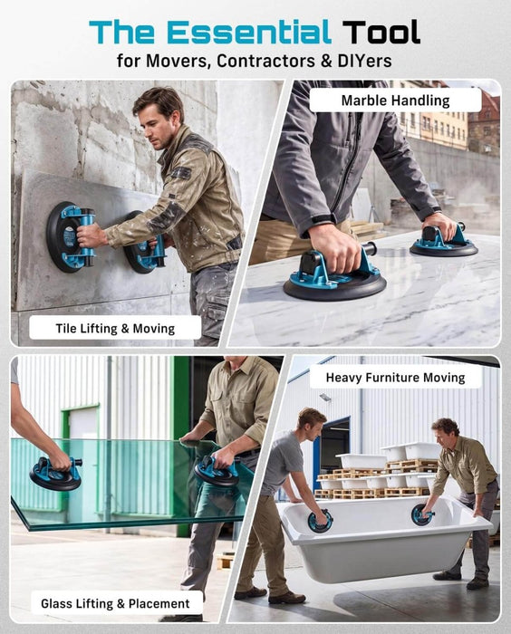 SEESII 8" Heavy - Duty Vacuum Suction Cup Lifter, 440 lbs (200 kg) Capacity, Glass, Tile, Granite & Metal Lifting Tool with Pump Handle, 2 - Pack - Material Lifts - SeeSii