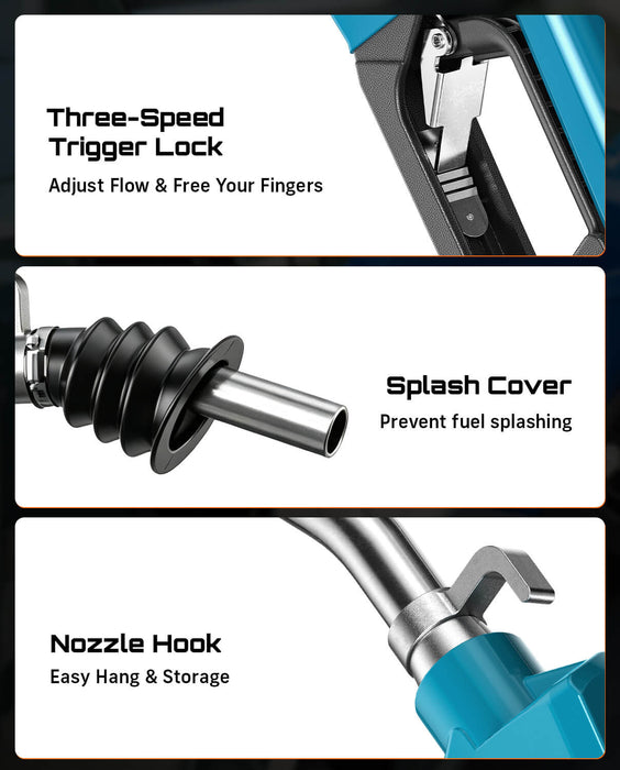 SEESII 3/4" NPT Automatic Fuel Nozzle, Gas Nozzle with Hook, Max Flow 16GPM
Fuel Transfer Pump Nozzle, 3-speed Padlock, Anti-Tangle Connector & Splash Cover, for Gasoline, Diesel, Kerosene, Biodiesel
