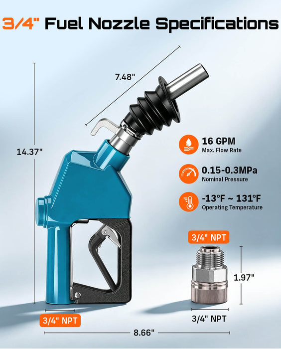 SEESII 3/4" NPT Automatic Fuel Nozzle, Gas Nozzle with Hook, Max Flow 16GPM
Fuel Transfer Pump Nozzle, 3-speed Padlock, Anti-Tangle Connector & Splash Cover, for Gasoline, Diesel, Kerosene, Biodiesel