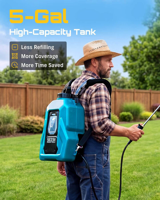 SEESII Blue 5 Gallon High-Capacity Battery Powered Backpack Sprayer for Lawn Yard Pest Control, Less Refilling & Wider Coverage Save Working Time