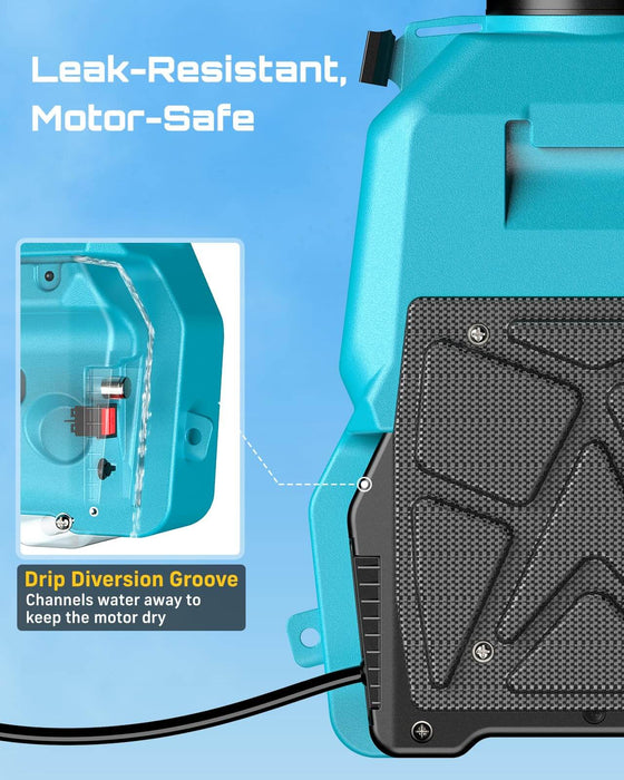 SEESII Battery Powered Backpack Sprayer with Unique Drip Diversion Groove Design, Leak-Resistant Motor-Safe Structure to Drain Spilled Water and Protect Inner Motor from Short Circuit