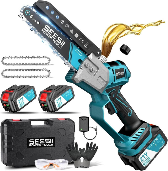 SEESII Brushless Mini Chainsaw 6 Inch, Handheld Saw with 2 * 4000 mAh Batteries(M6 Ace) - chainsaw-SeeSii