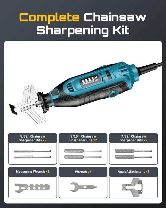 SEESII Complete Chainsaw Sharpening Kit with 6 diamond bits, angle guide, and tools included