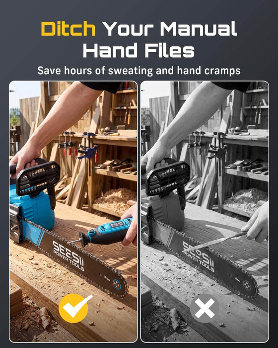 SEESII Chainsaw Sharpener Kit vs manual hand files, save time and avoid hand cramps