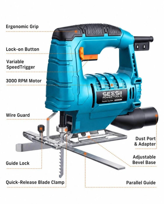 SEESII Corded Jigsaw, 500W Electric Jig Saw Power Saw with 4 Blades - SeeSii