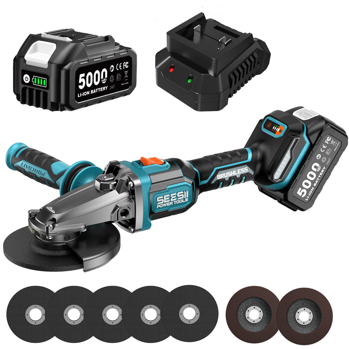 SEESII Flathead Brushless Angle Grinder with 2pcs 5.0Ah Batteries & Charger
4-1/2-5" Cut Off Tool, 6-Speed, 20ms Brake+Drop Protection 21V Cordless Grinder Kit for Metal Cutting, Auto, DIY