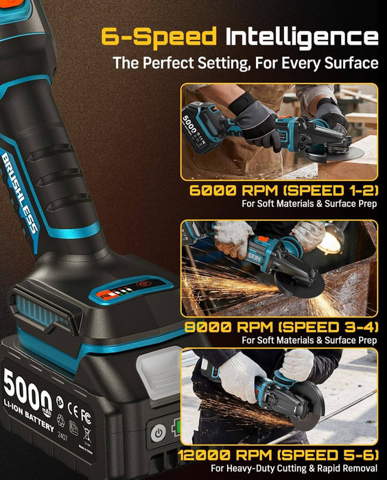 SEESII Flathead Brushless Angle Grinder with 2pcs 5.0Ah Batteries & Charger
4-1/2-5" Cut Off Tool, 6-Speed, 20ms Brake+Drop Protection 21V Cordless Grinder Kit for Metal Cutting, Auto, DIY