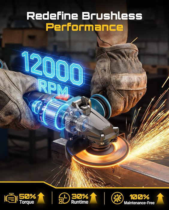 SEESII Flathead Brushless Angle Grinder with 2pcs 5.0Ah Batteries & Charger
4-1/2-5" Cut Off Tool, 6-Speed, 20ms Brake+Drop Protection 21V Cordless Grinder Kit for Metal Cutting, Auto, DIY