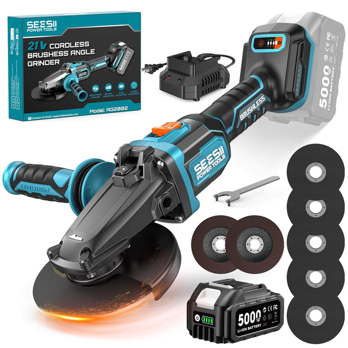 SEESII 21V cordless brushless angle grinder kit with 5.0Ah battery, cutting wheels and charger