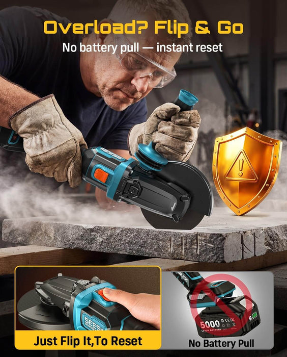 SEESII 4-1/2 to 5" Flathead Cordless Angle Grinder and 5.0Ah Battery
Brushless Motor, Drop Protection, 21V 6 Variable Speed Kit with Fast Charger, for Metal Cutting, Auto Body, DIY