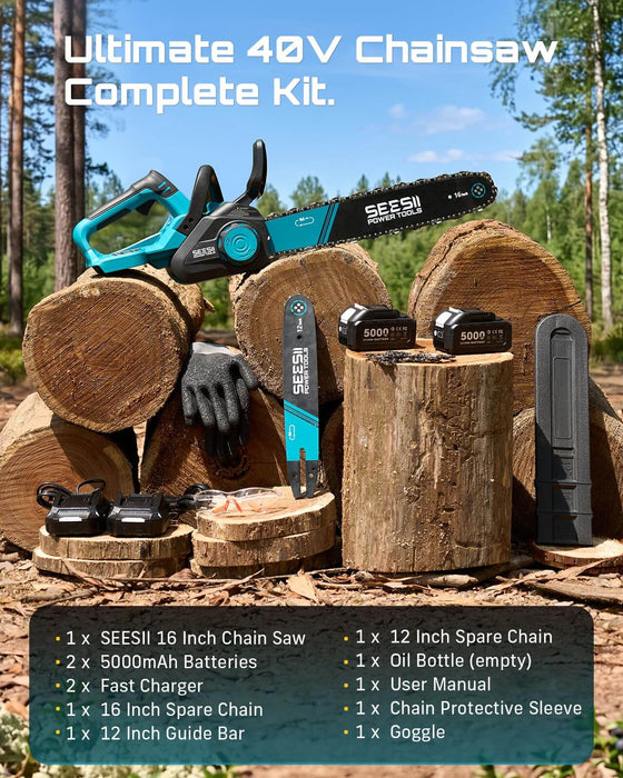 SEESII 40V 16/12 Inch Brushless Cordless Chainsaw, 2×5.0Ah 1600W（M16 Pro）
