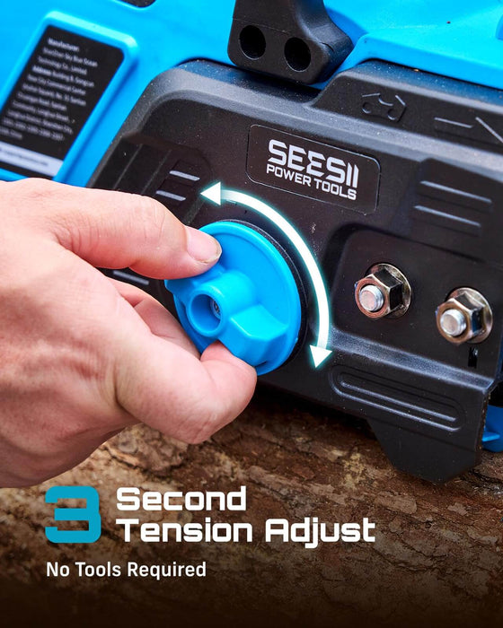Close-up of Seesii 40V 16 Inch Cordless Chainsaw Tool-Free Tension Knob, 3 Second Quick Chain Adjustment Without Extra Tools