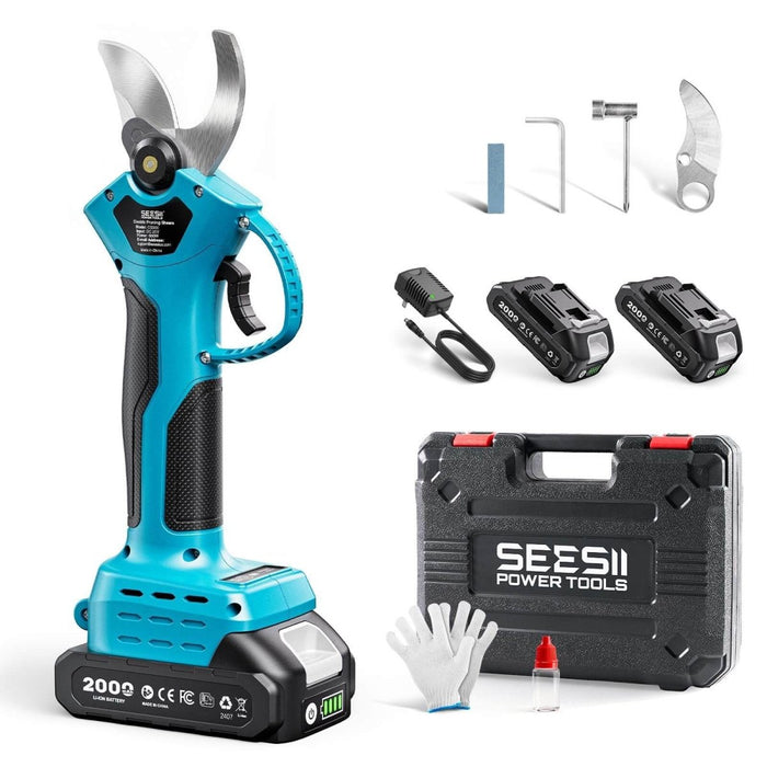 SEESII Cordless Electric Pruning Shears | 1.4 Inch Cutting Brushless Power Pruner, 2×2000mAh Batteries, Extra SK5 Blade, 2 - Speed Mode Garden Tree Branch Trimmer - Pruning Shears - SeeSii