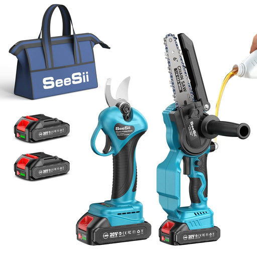 SEESII Mini Chainsaw & Pruning Shears: 6" Electric Saw Brushless & 1.3" Pruner with 2×2.0Ah Batteries, Cordless Combo for Wood Cutting/Branch Trimming, Gardening Tools for Dad Men Husband