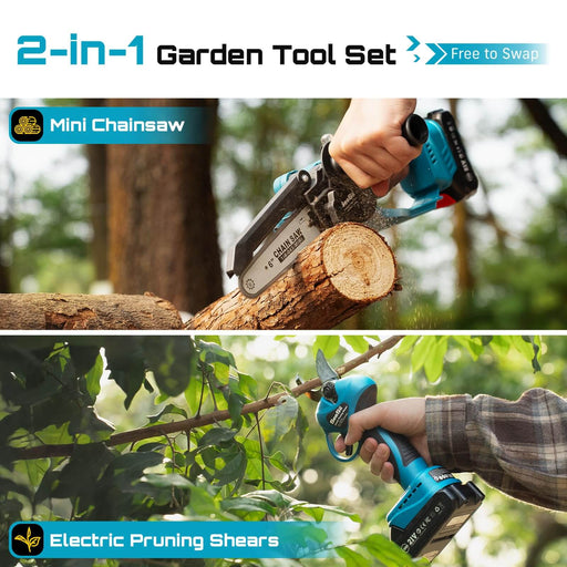 2 in 1 SeeSii cordless garden tools, mini chainsaw cutting logs and electric pruning shears trimming tree branches outdoors