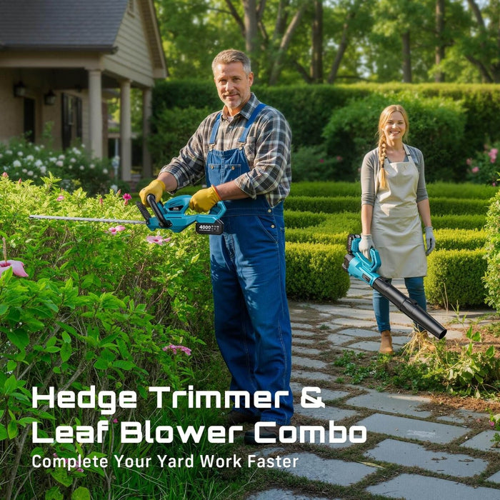 SEESII Cordless Hedge Trimmer and Leaf Blower Combo, 2 Pcs 4.0Ah Batteries, Electric Handheld Bush Trimmer with 20" Dual-Action Blade, Lightweight Brushless Blower with 2 Speed Modes for Yard Garden - SeeSii
