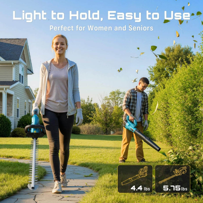 SEESII Cordless Hedge Trimmer and Leaf Blower Combo, 2 Pcs 4.0Ah Batteries, Electric Handheld Bush Trimmer with 20" Dual-Action Blade, Lightweight Brushless Blower with 2 Speed Modes for Yard Garden - SeeSii