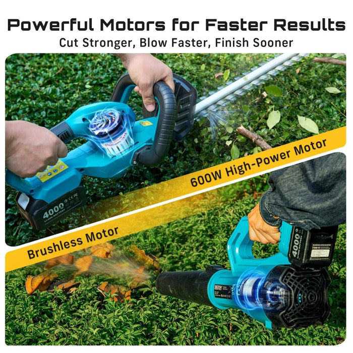 SEESII Cordless Hedge Trimmer and Leaf Blower Combo, 2 Pcs 4.0Ah Batteries, Electric Handheld Bush Trimmer with 20" Dual-Action Blade, Lightweight Brushless Blower with 2 Speed Modes for Yard Garden - SeeSii