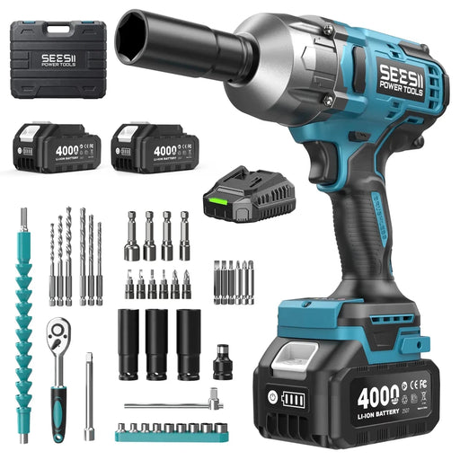 Seesii Cordless Impact Wrench, 1032Ft - lbs (1400N.m) Electric Impact Gun driver, 2x4000mah Battery & Charger, Sockets DrillScrews ,Screwdriver bits - SeeSii