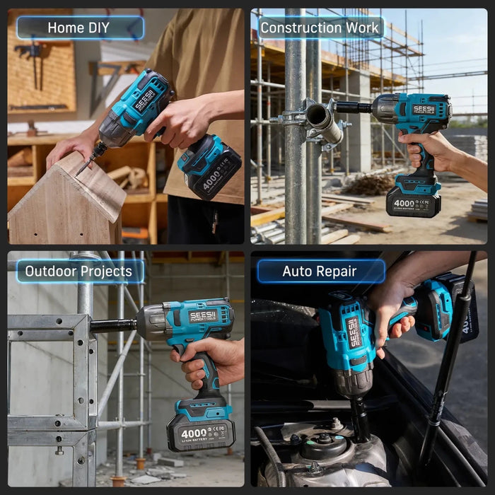 Seesii Cordless Impact Wrench, 1032Ft - lbs (1400N.m) Electric Impact Gun driver, 2x4000mah Battery & Charger, Sockets DrillScrews ,Screwdriver bits - SeeSii