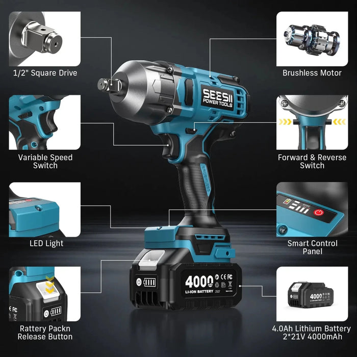 Seesii Cordless Impact Wrench, 1032Ft - lbs (1400N.m) Electric Impact Gun driver, 2x4000mah Battery & Charger, Sockets DrillScrews ,Screwdriver bits - SeeSii
