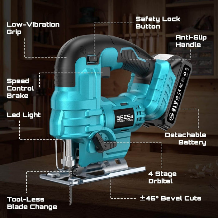 SEESII Cordless Jig Saw, ±45° Bevel 4‑Orbital Jigsaw with 2×2.0Ah Battery, 9 Blades & Storage Bag-JS01 - SeeSii