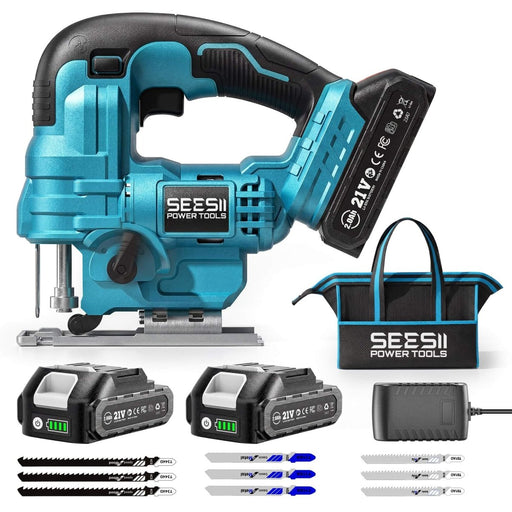 SEESII Cordless Jig Saw, ±45° Bevel 4‑Orbital Jigsaw with 2×2.0Ah Battery, 9 Blades & Storage Bag-JS01 - SeeSii