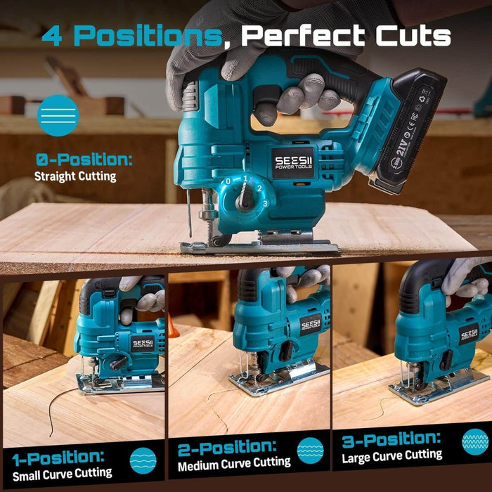 SEESII Cordless Jig Saw, ±45° Bevel 4‑Orbital Jigsaw with 2×2.0Ah Battery, 9 Blades & Storage Bag-JS01 - SeeSii