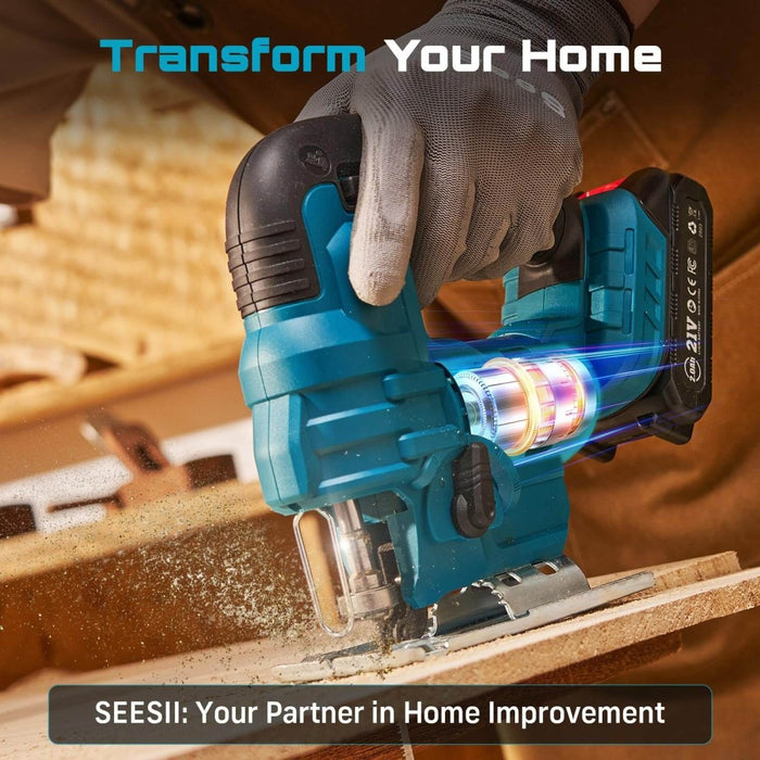 SEESII Cordless Jig Saw, ±45° Bevel 4‑Orbital Jigsaw with 2×2.0Ah Battery, 9 Blades & Storage Bag-JS01 - SeeSii